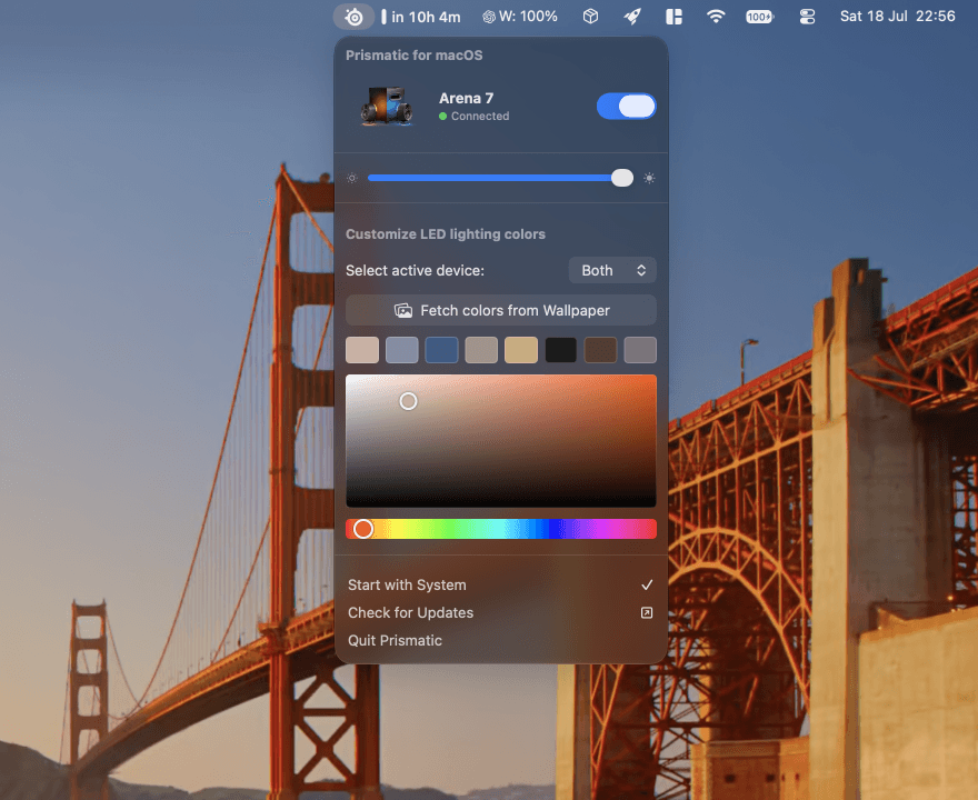 Prismatic menu bar panel controlling SteelSeries Arena 7 lighting